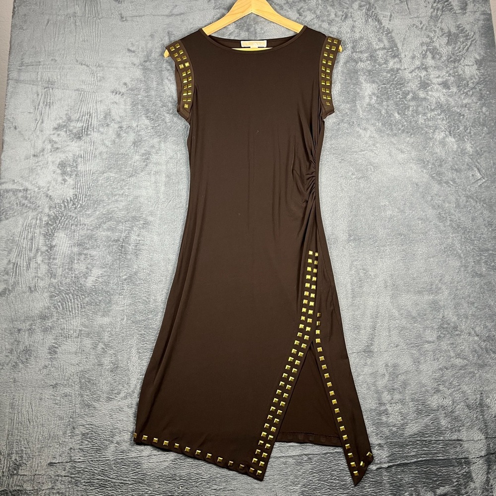 Michael Kors Capsule Dress Womens Small Gold Tone Stud Asymmetric Hem Slit Front